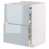 Modern white kitchen cabinet with two grey-blue drawers.