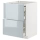 Modern white kitchen cabinet with two grey-blue drawers.