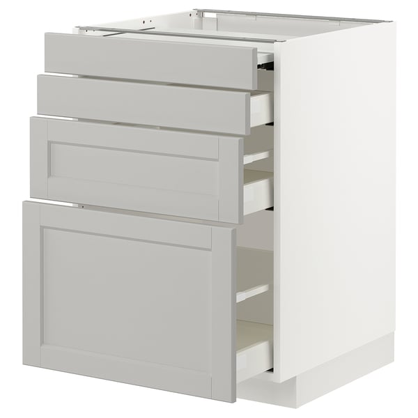 A white ikea METOD kitchen cabinet set with multiple drawers. The set a clean, modern design with light gray handles.