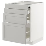 A white ikea METOD kitchen cabinet set with multiple drawers. The set a clean, modern design with light gray handles.