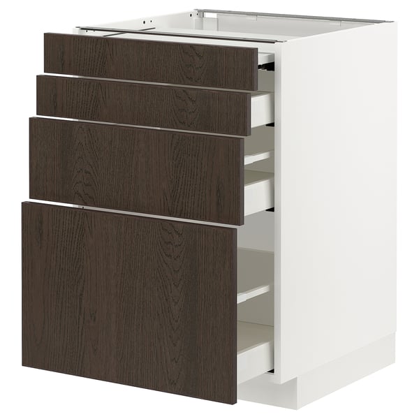 White METOD kitchen cabinet with 4 dark brown drawers, solid wood edges, self-closing.