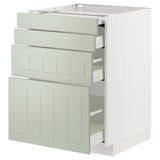 Is of a light green METOD kitchen cabinet with multiple drawers and shelves. It is modern and designed for storage.