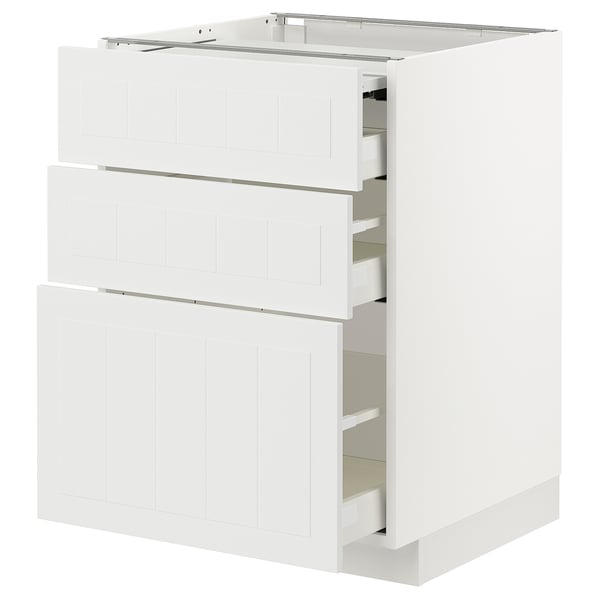 White METOD kitchen cabinet with three drawers and pull-out work surface, sleek modern design.