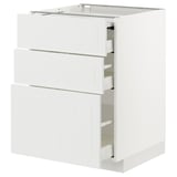 White METOD kitchen cabinet with three drawers and pull-out work surface, sleek modern design.