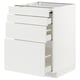 Displays a white METOD kitchen cabinet with multiple drawers, featuring a sleek and modern design.