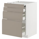 Modern kitchen unit with beige drawers and white base, four drawers.