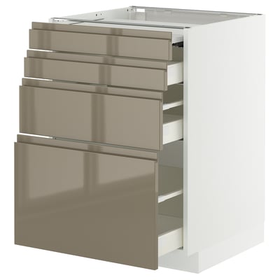 Modern white kitchen cabinet with sleek, dark grey-brown pull-out drawers and handles.