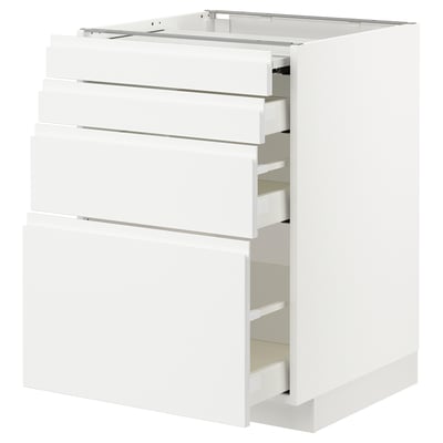 White modern kitchen unit with three drawers, sleek handles, and smooth-touch finish.