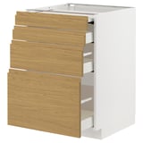 White kitchen cabinet with oak drawers, minimalist design, four open drawers.