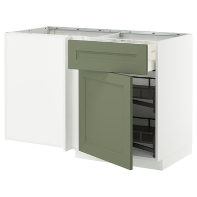 METOD kitchen unit with gray-green axstad drawers, wooden structure, open drawer showing shelves.