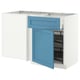 A white and blue kitchen cabinet. It has a pull-out drawer and shelves, with a modern design and sturdy construction.