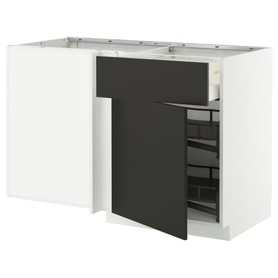 Modern kitchen unit with black doors, white frame, and internal shelves for storage.