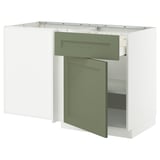 METOD kitchen unit in white and green. One open shelf and one drawer, 18mm thick.