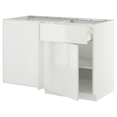 A white METOD kitchen cabinet with high gloss. Its rectangular with a shelf and adjustable compartments.