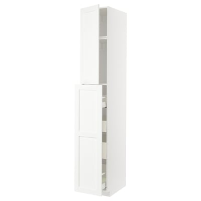 White tall kitchen cabinet with doors and shelves.