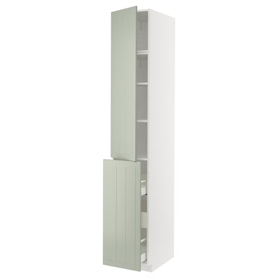 A METOD kitchen cabinet with stensund green fronts, featuring adjustable shelves, a pull-out drawer, and a 25-year warranty.