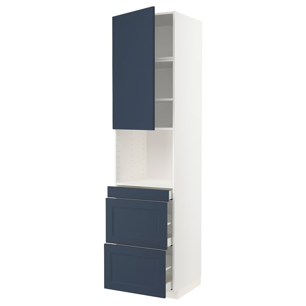 White METOD kitchen unit with blue drawers and cabinet.