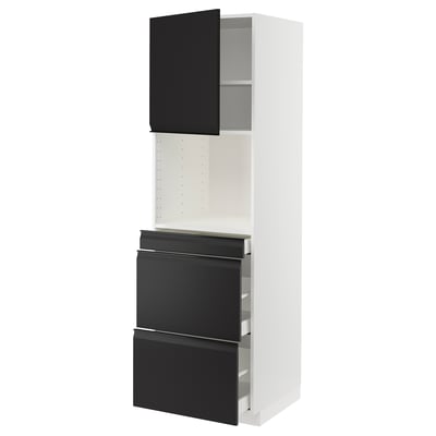 Modern white kitchen cabinet with black handles and drawers.