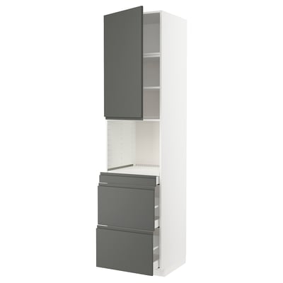 A modern, white METOD kitchen unit with dark grey drawers and a cabinet. It sleek, handle-less design and an open shelf.