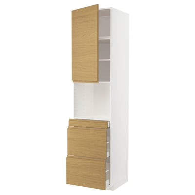 METOD kitchen cabinet with oak doors, three pull-out drawers, minimalist style.