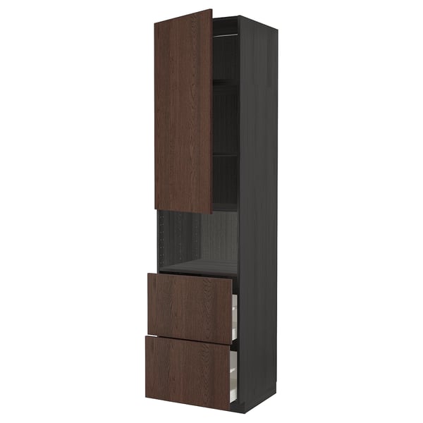 METOD kitchen cabinet in dark brown with wood edges and handles, tall with open shelf, drawers.