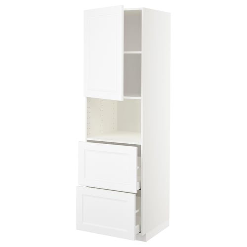 White METOD kitchen unit, tall with doors and open shelves, sleek modern design.