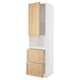 METOD kitchen unit in oak veneer with white frame, tall and narrow, partial drawer open.