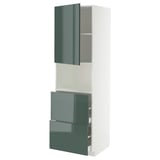 A modern, tall kitchen unit with high-gloss grey-green doors, featuring drawers and shelves, part of the METOD system.