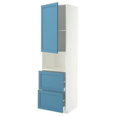 White cabinet with blue drawers & doors, modern design.