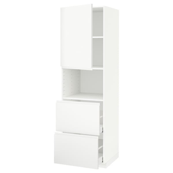 White METOD kitchen unit with cabinets, drawers, and open shelf, minimalist design.