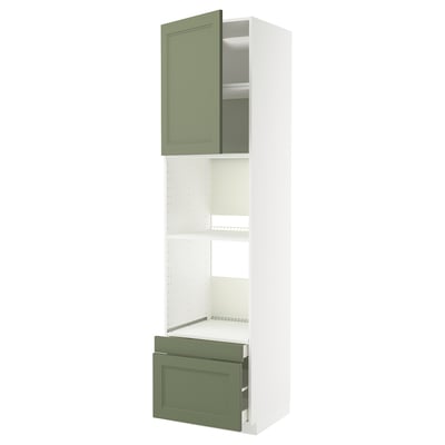 Modern kitchen cabinet: tall white METOD, green drawers & door, fully adjustable, 2 shelves.