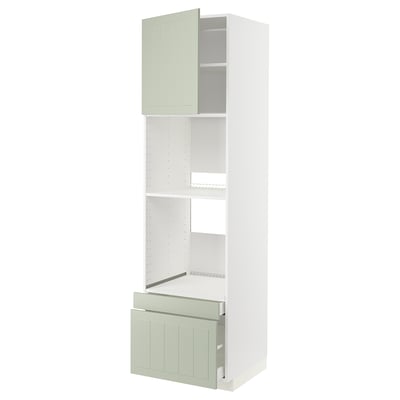 Modern kitchen cabinet: METOD in green, white with open shelves, adjustable shelf, soft-close drawers.