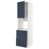 Modern kitchen unit, white with blue drawers & cabinets, sleek design.