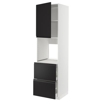 Modern kitchen cabinet, white with black drawers, sleek design.