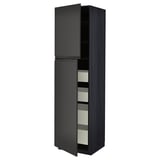 Displays a dark gray METOD kitchen cabinet with minimalist design, featuring multiple drawers and shelves, showcasing a modern, sleek look.