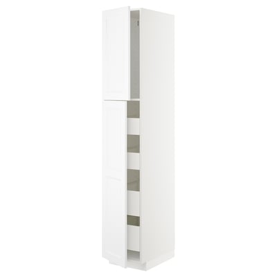 White METOD tall kitchen cabinet with multiple shelves and modern design.