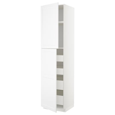 White METOD tall cabinet with multiple shelves and drawers.