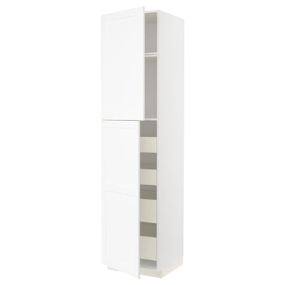 White METOD tall kitchen cabinet, sleek and modern design with gray shelves, sturdy construction.