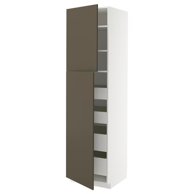 White METOD cabinet with brown doors and multiple shelves.