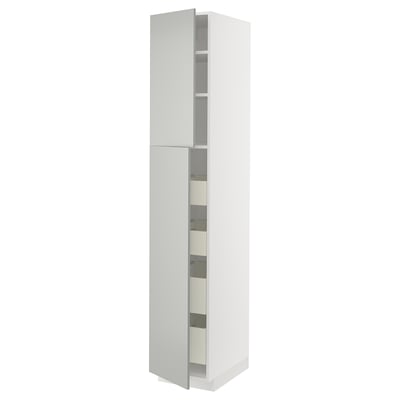 A white METOD cabinet with two open doors revealing shelves inside.