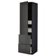 Black kitchen cabinet with drawers, modern and sleek design, dark wood finish, vertical layout, includes adjustable shelf, and soft-close drawers.