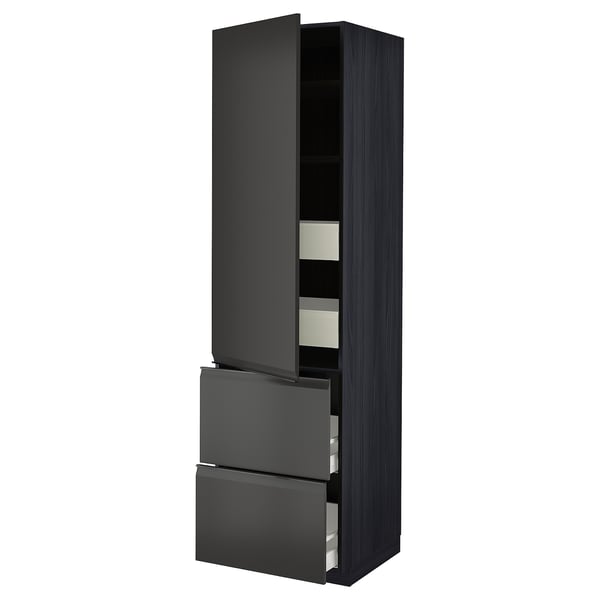 Black matte cabinet with drawers and shelves, modern design.