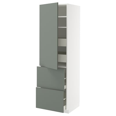 Modern METOD kitchen cabinet with grey-green drawers and adjustable shelves.