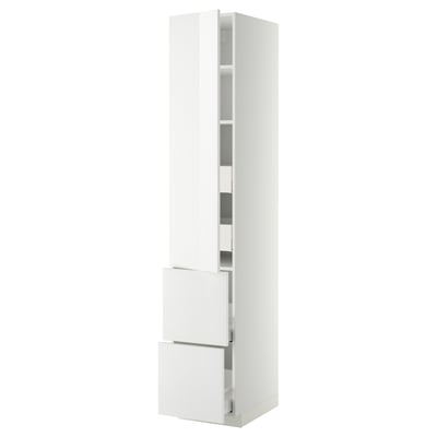 A white, tall storage cabinet with drawers and shelves.