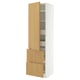 Displays a tall kitchen storage unit named METOD with light wood doors and white sides, featuring both shelves and drawers.