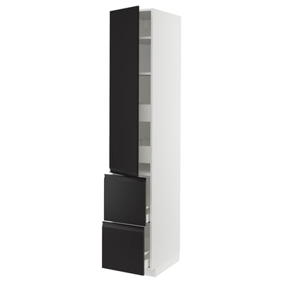 Modern black & white tall cabinet with drawers & shelves. Black door & drawers, white frame.