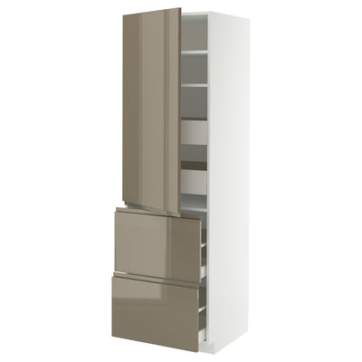 Modern metallic kitchen unit, high gloss brown, drawers and shelves, sleek minimalist design.