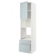 A white METOD kitchen cabinet unit with high-gloss grey-blue kallarp fronts, featuring shelves and drawers.