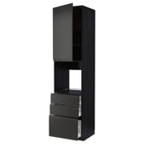 METOD kitchen unit: tall black cabinet with three open drawers, sleek modern design.