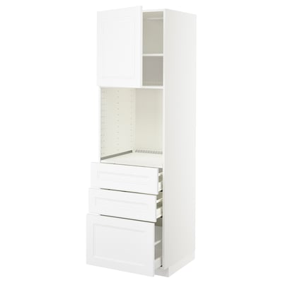 Depicts a white METOD kitchen unit with multiple compartments, drawers, and an open cabinet space.